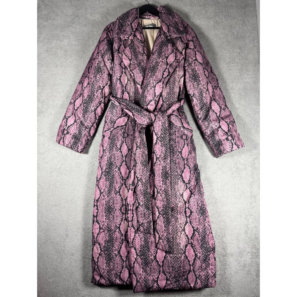 Jealousy Pink & Black Snake Print Long Belted Coat Medium 100% Polyester Made In